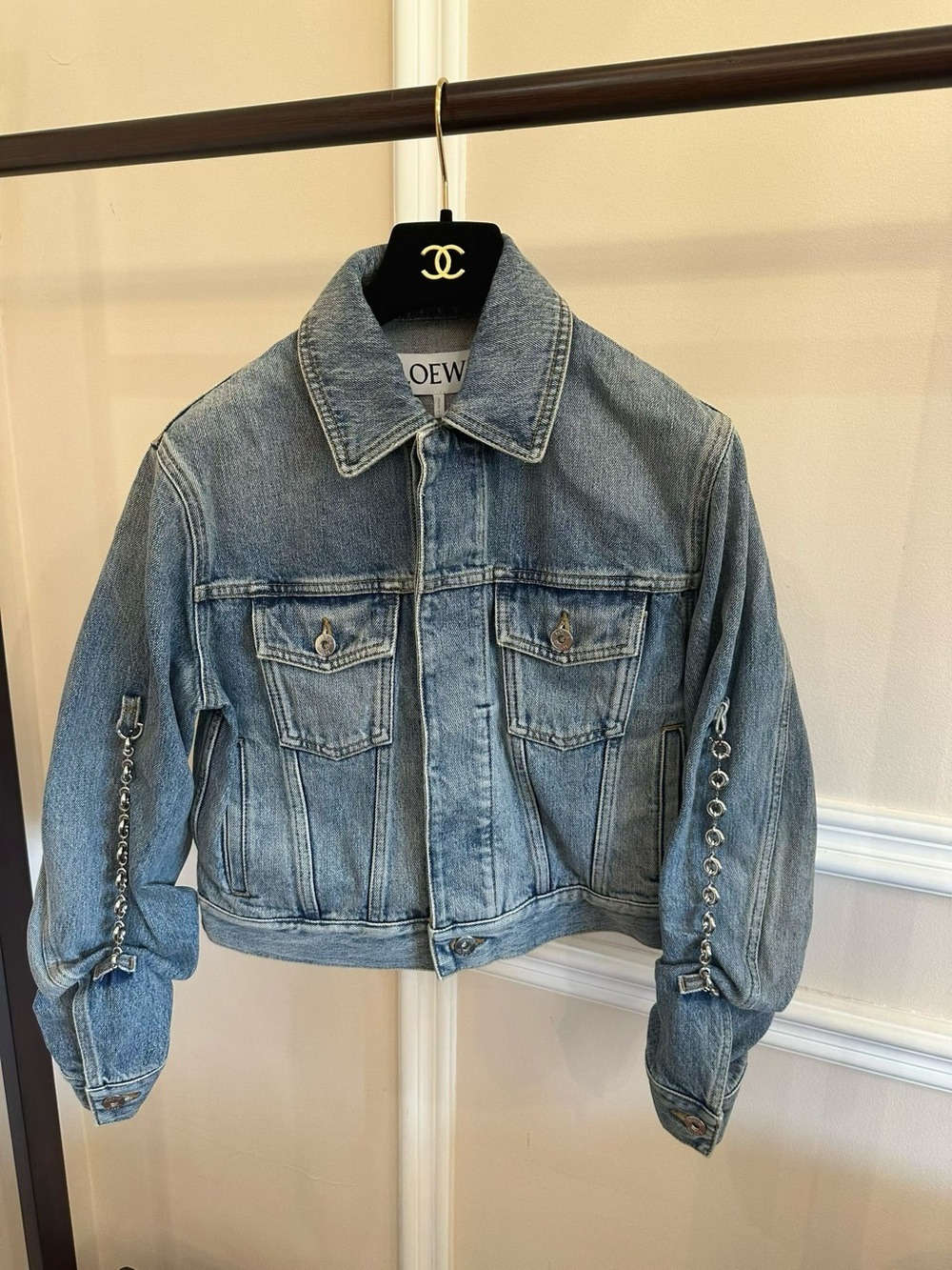 Loewe Light Blue Denim Cropped Jacket with Silver Chain Trim